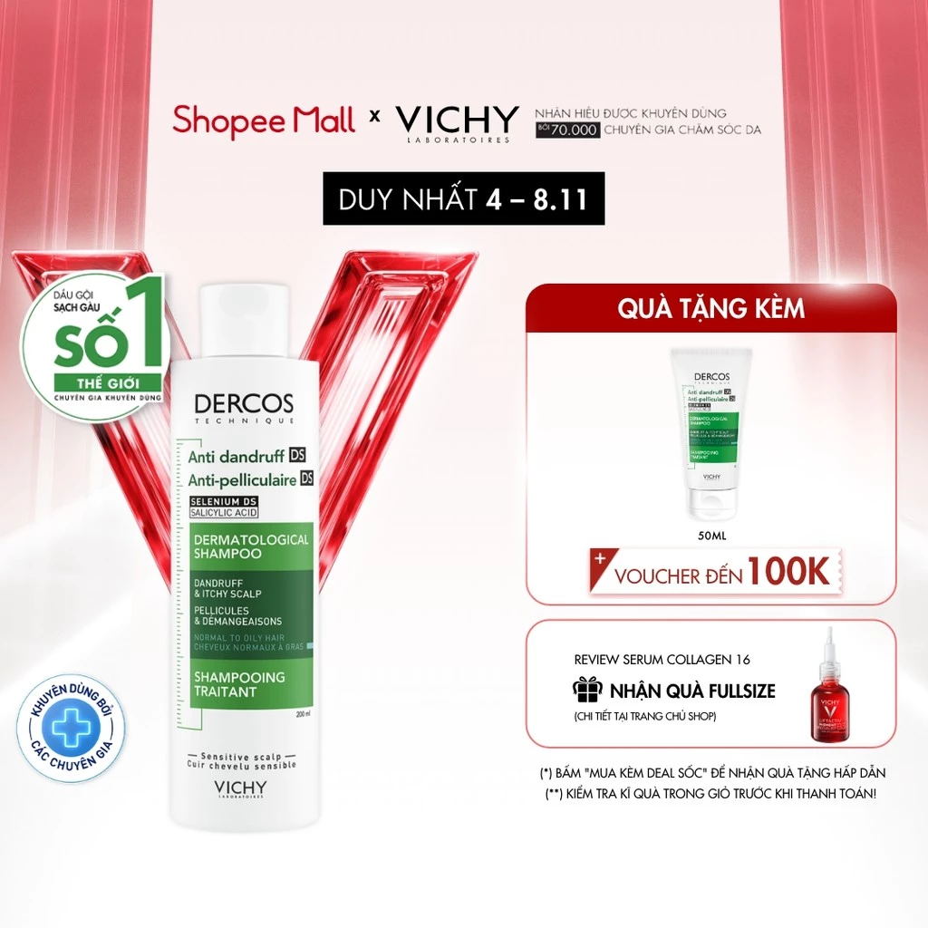 Dầu gội sạch gàu 100% chỉ sau một lần gội, giúp sạch gàu dành cho da đầu dầu & ngứa Vichy Dercos Anti Dandruff 200ml