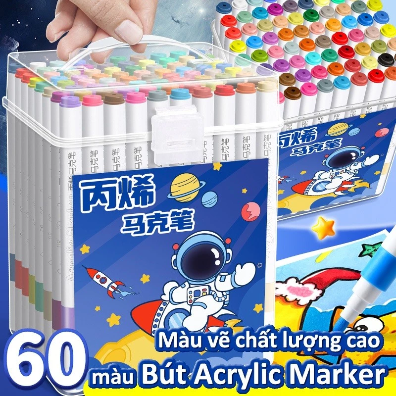 Bút màu Acrylic Marker cho bé – Hộp 48 màu sáng tạo, chống thấm nước, hình phi hành gia độc đáo