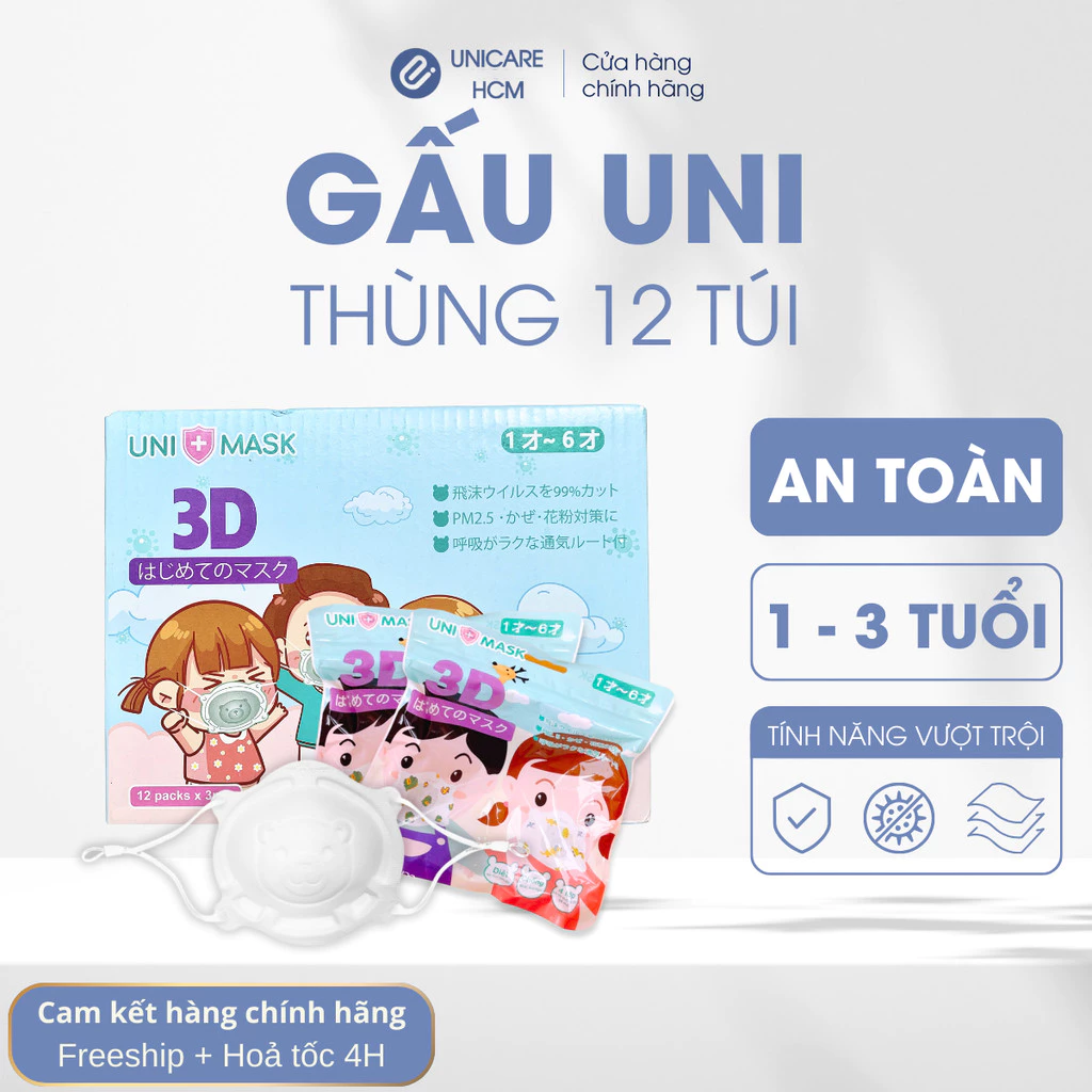 [Thùng 12 túi] Khẩu trang 3D hình gấu UniMask cho bé sơ sinh 0-3 tuổi, dễ thương, an toàn cho bé