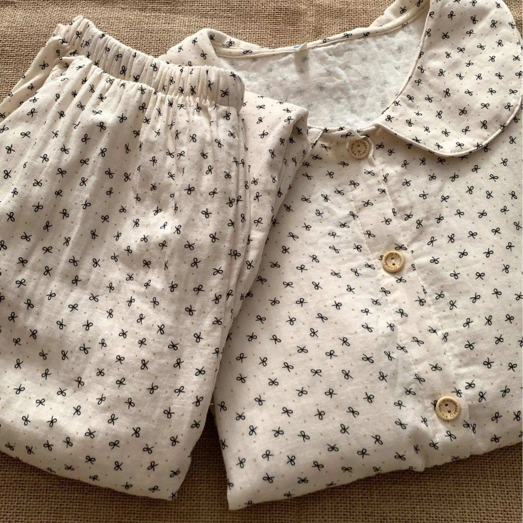 897_ Bộ ngủ nữ. pijama dài tay chất cotton xô hoạ tiết nơ nhí màu be | Hàng QCCC | 9scat