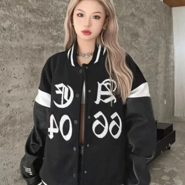 Áo khoác varsity cổ ngắn form rộng trần bông dày dặn