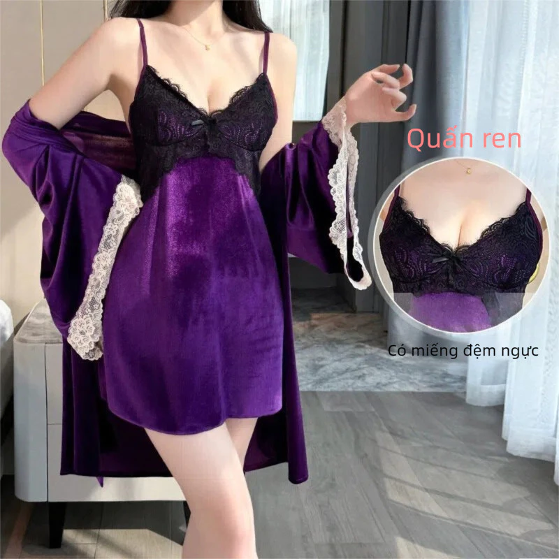 Bộ đồ ngủ nhung khóa màu chữ V mùa đông với thiết kế trang trí ren tinh tế, gợi cảm - Quà tặng hoàn hảo cho cặp đôi