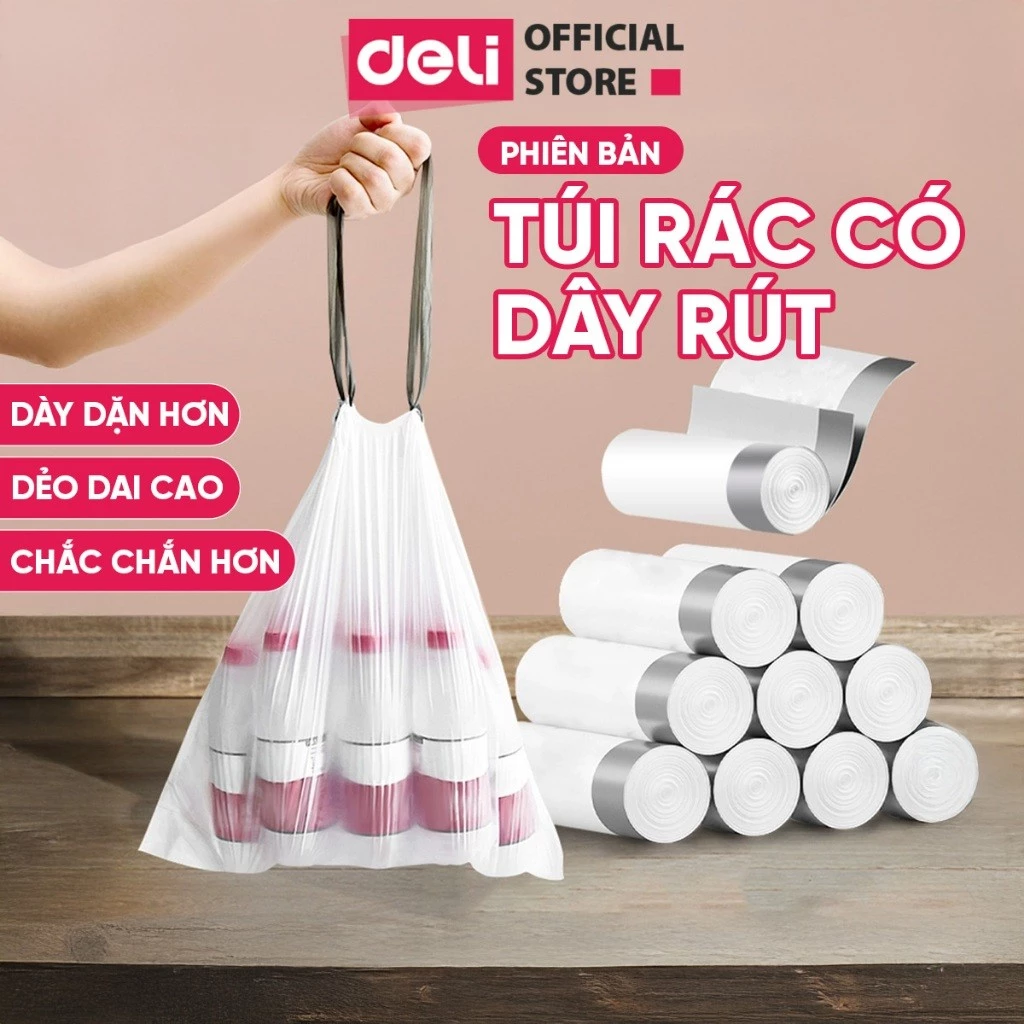 Cuộn Túi Rác Dây Rút Deli Chất Liệu Dày Dặn Dai Không Rò Rỉ Chống Rách cho thùng rác 10L 15L 20L Gia Đình/Văn Phòng