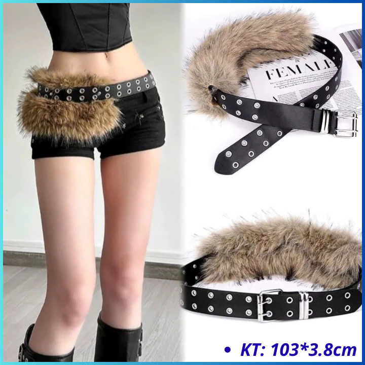 Thắt lưng Belt nam nữ Y2K phối lông , dây đai hai hàng lỗ bản to kèm lông basic OLL395