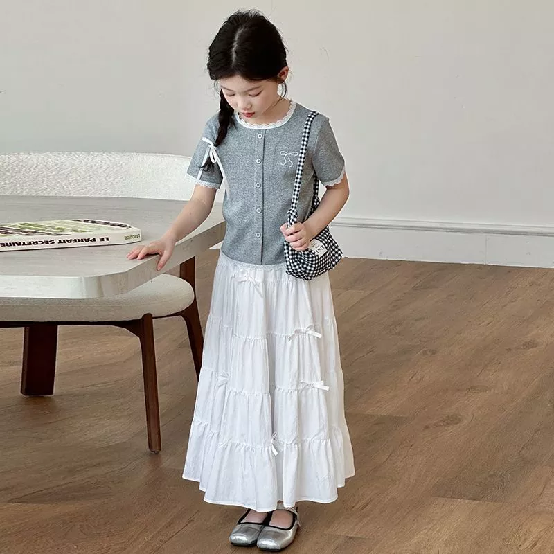 Set váy bé gái ngọt ngào – Áo thun ngắn tay phối váy bánh tầng dài thanh lịch