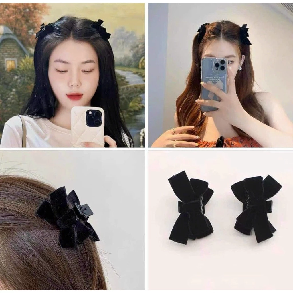 Set 2 kẹp tóc mái nơ nhung nhỏ màu đen, kẹp nơ mini giữ tóc gọn xinh cho nàng​