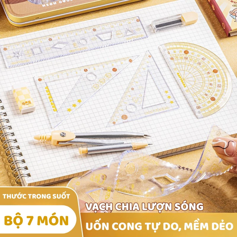 Bộ Thước Kẻ Eke Compa Cute Đa Năng Cho Học Sinh - Set Đồ Dùng Học Tập Tiện Lợi Mang Đi Học