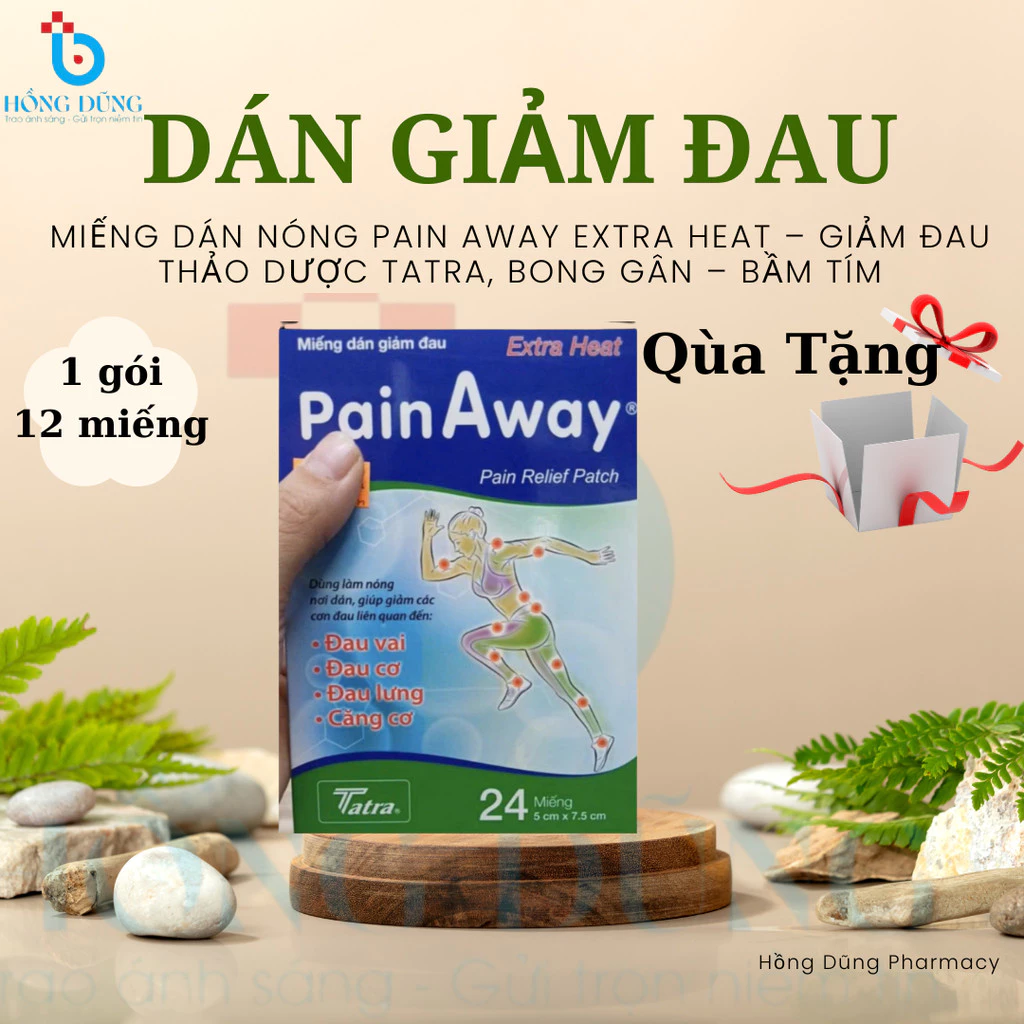 ️Miếng Dán Nóng Pain Away Extra Heat – Giảm Đau Thảo Dược Tatra, Bong Gân – Bầm Tím, Gói 12 Miếng