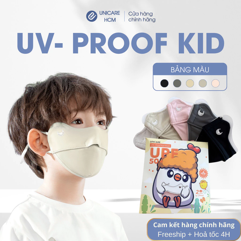 Khẩu trang trẻ em UV Proof KID Mask UNICARE - Chất liệu vải lụa mát, thoải mái, UPF 50+ cho bé từ 5 - 13 tuổi