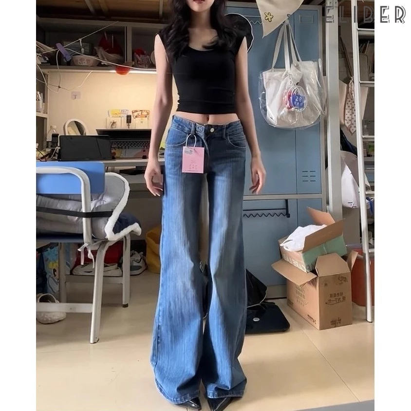 ELIBER- American-style Low-Rise Flared Jeans For Women, New Summer Style, Loose Fit, Long Pants.