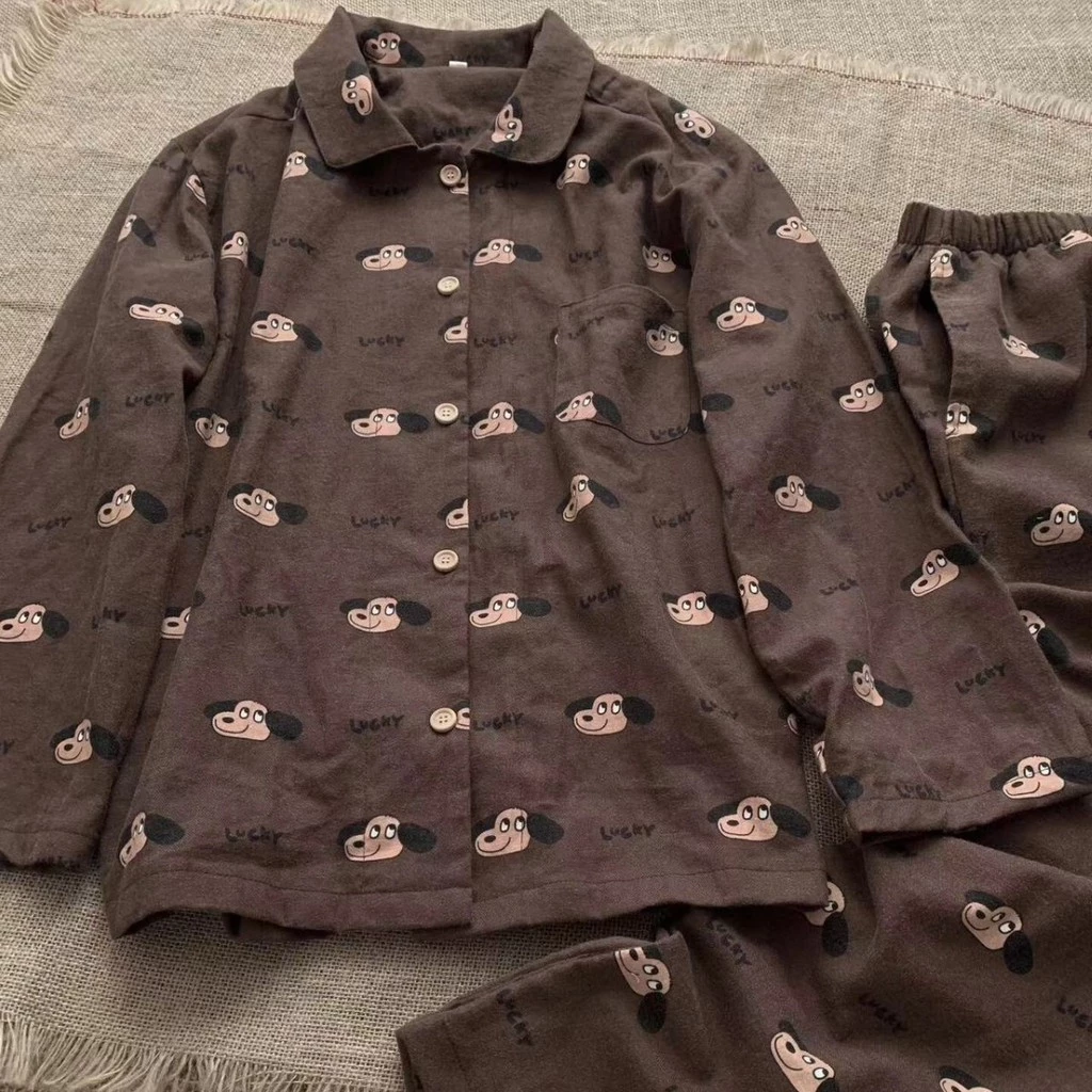 896_ Bộ ngủ nữ. pijama dài tay chất cotton flannel hoạ tiết gấu nền nâu | Hàng QCCC | 9scat