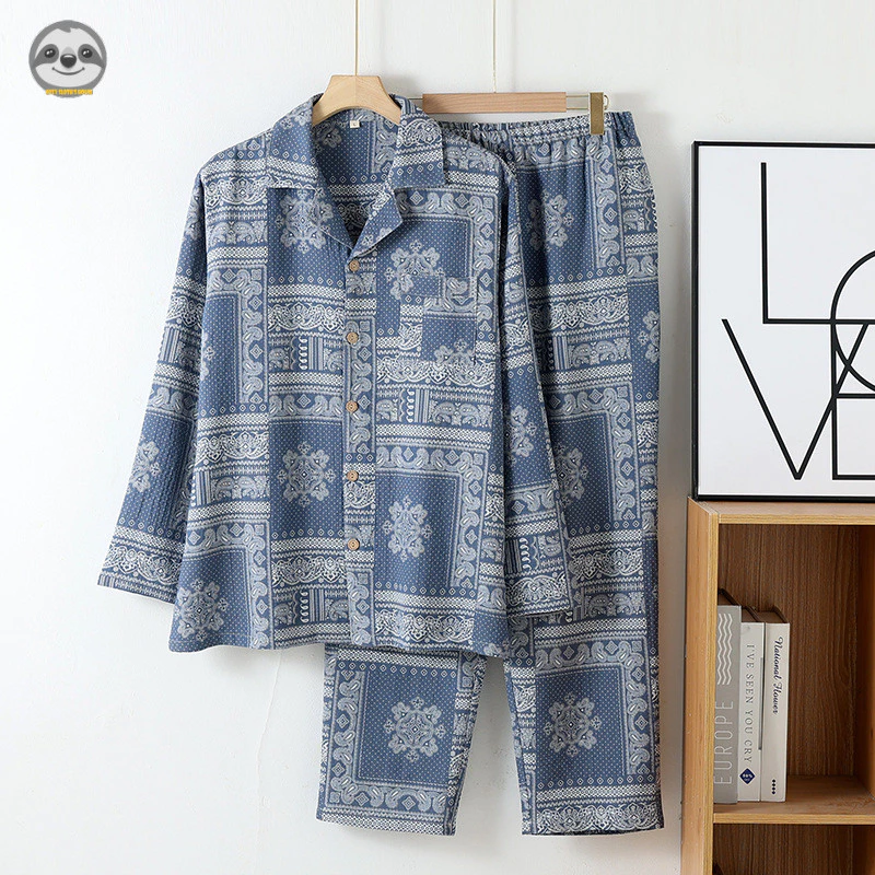 Bộ đồ ngủ gạc hai lớp cotton nguyên chất nhuộm sợi phong cách cổ điển, dành cho nam giới, tiện dụng cả ngày lẫn đêm