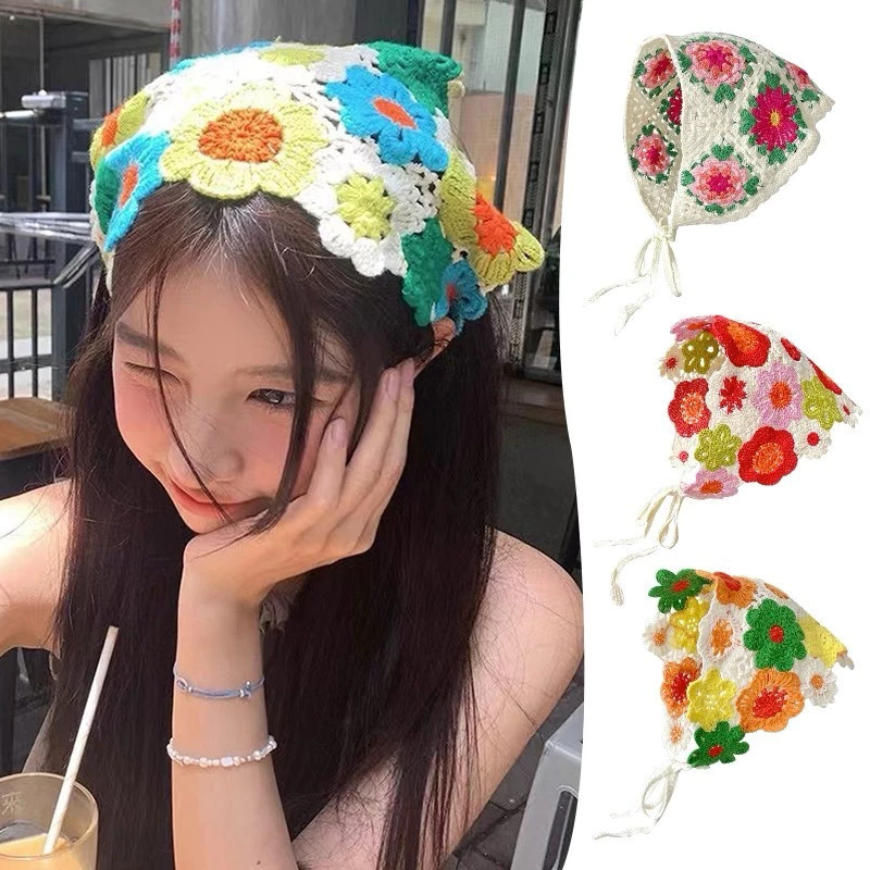 Khăn turban len hoa tam giác trùm đầu, băng đô len dệt kim giữ ấm phối đồ mùa đông siêu xinh