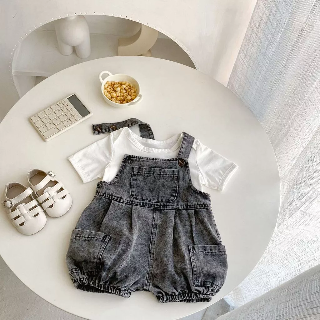 Bộ áo liền quần dây đeo vai Denim mùa hè có họa tiết cầu vồng Bộ quần áo trẻ em 0-24 tháng tuổi