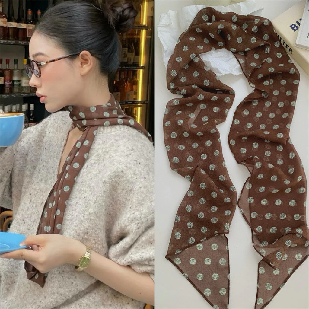 Khăn lụa cao cấp chấm bi - Chất liệu mềm mượt nhẹ mát, phong cách vintage thanh lịch（18*150cm）