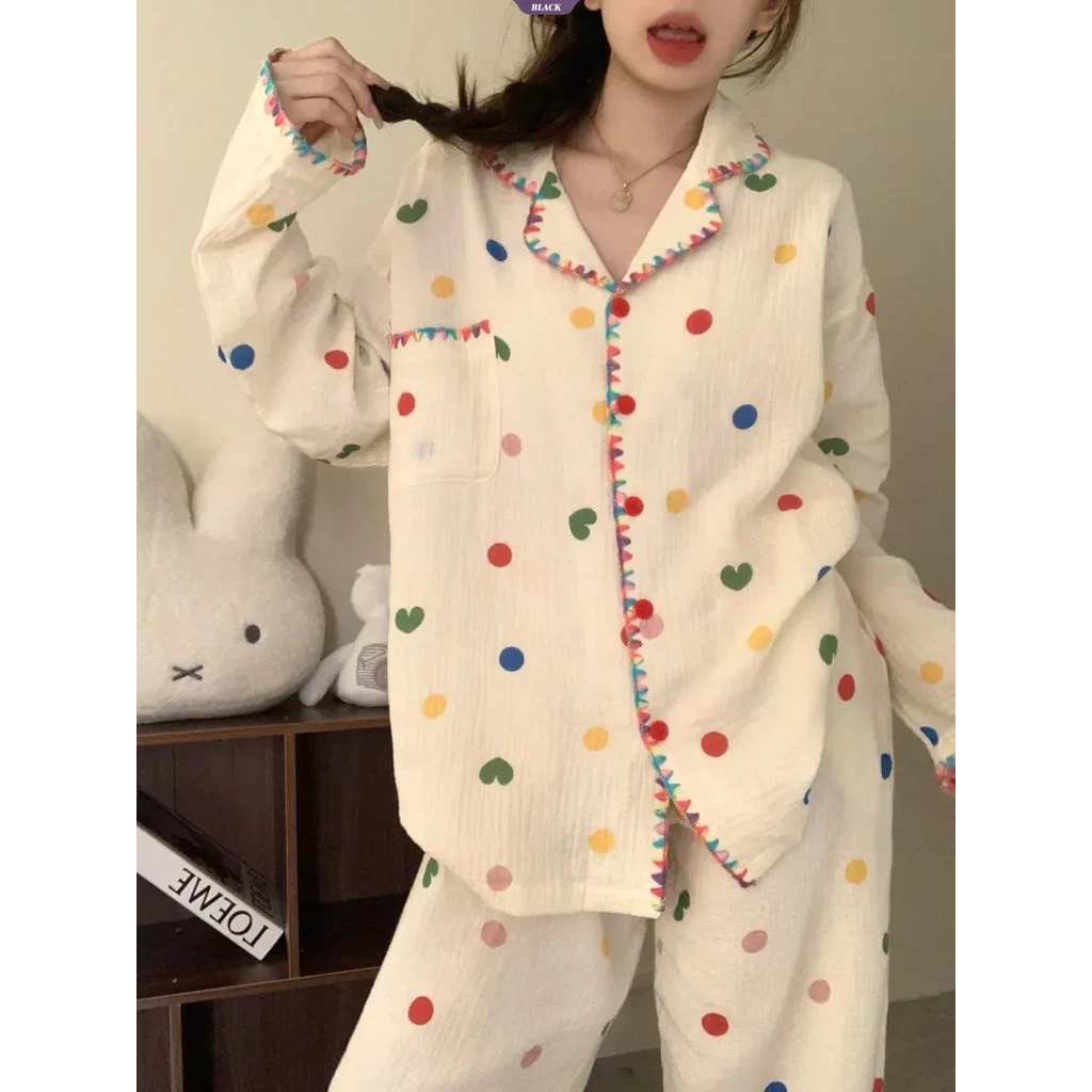 Bộ Đồ Chờ Dài Tay Phong Cách Hàn Quốc Với Họa Tiết Chấm Bi Và Trái Tim, Phù Hợp Xuân Thu