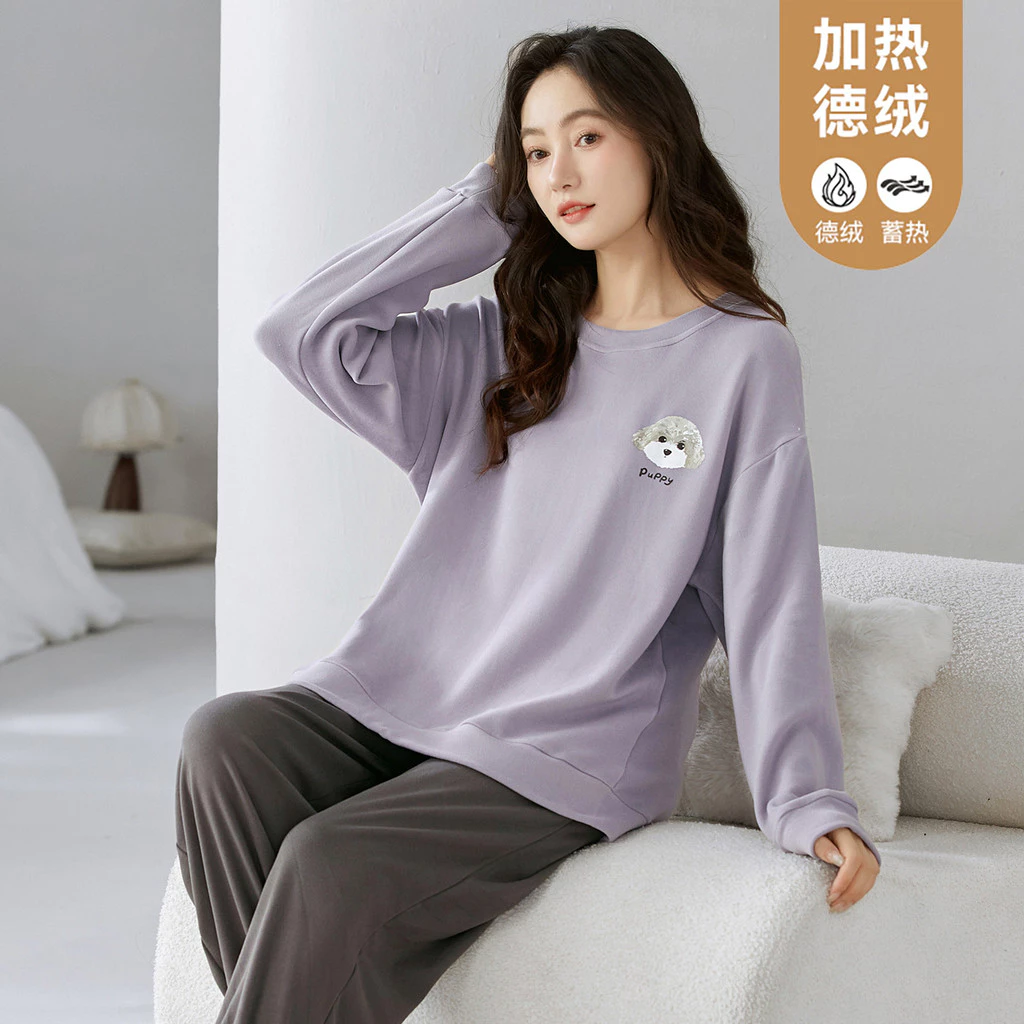 Bộ đồ ngủ nữ plus kích thước mùa đông tay dài bằng Dralon, giữ ấm cho ban đêm tại nhà