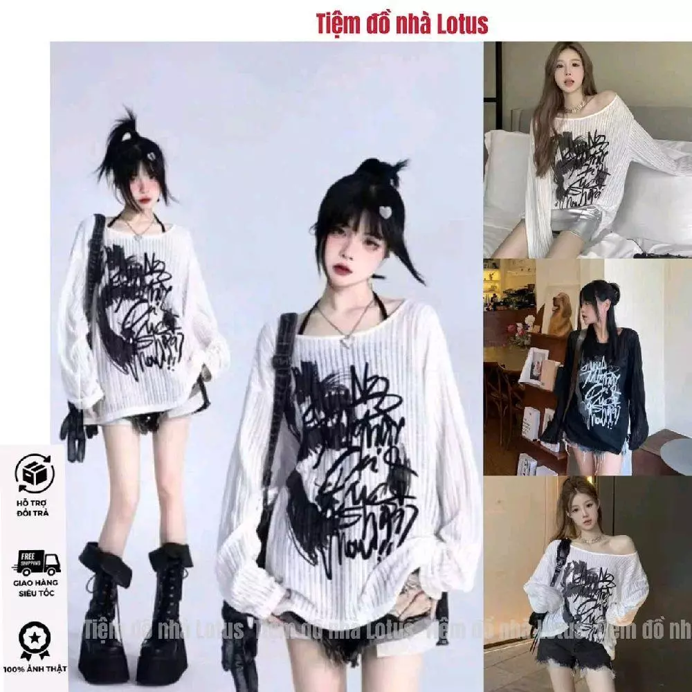 (VIDEO LOTUS) Áo Cổ Thuyền A87 - Dệt Kim Tay Dài In Chữ An.Nz Bụi Bặm (Tiệm đồ nhà Lotus)