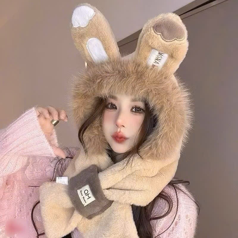 Mũ lông cừu nữ ''' Tai Thỏ'''🍀FREESHIP🍀 Nón len trùm đầu mùa đông kèm khăn quàng cổ giữ ấm thời trang