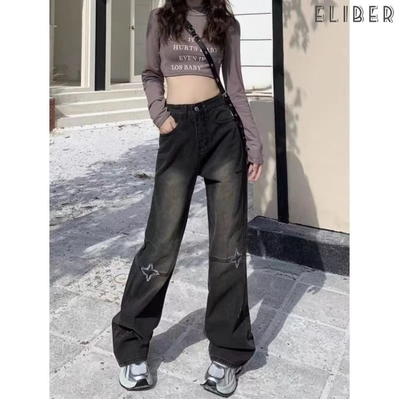 ELIBER- Quần Bò Đen Thêu Ngôi Sao Cổ Điển Vibe Quần Ống Rộng Tôn Dáng Gầy Rộng Rãi Cạp Cao Cho Nữ