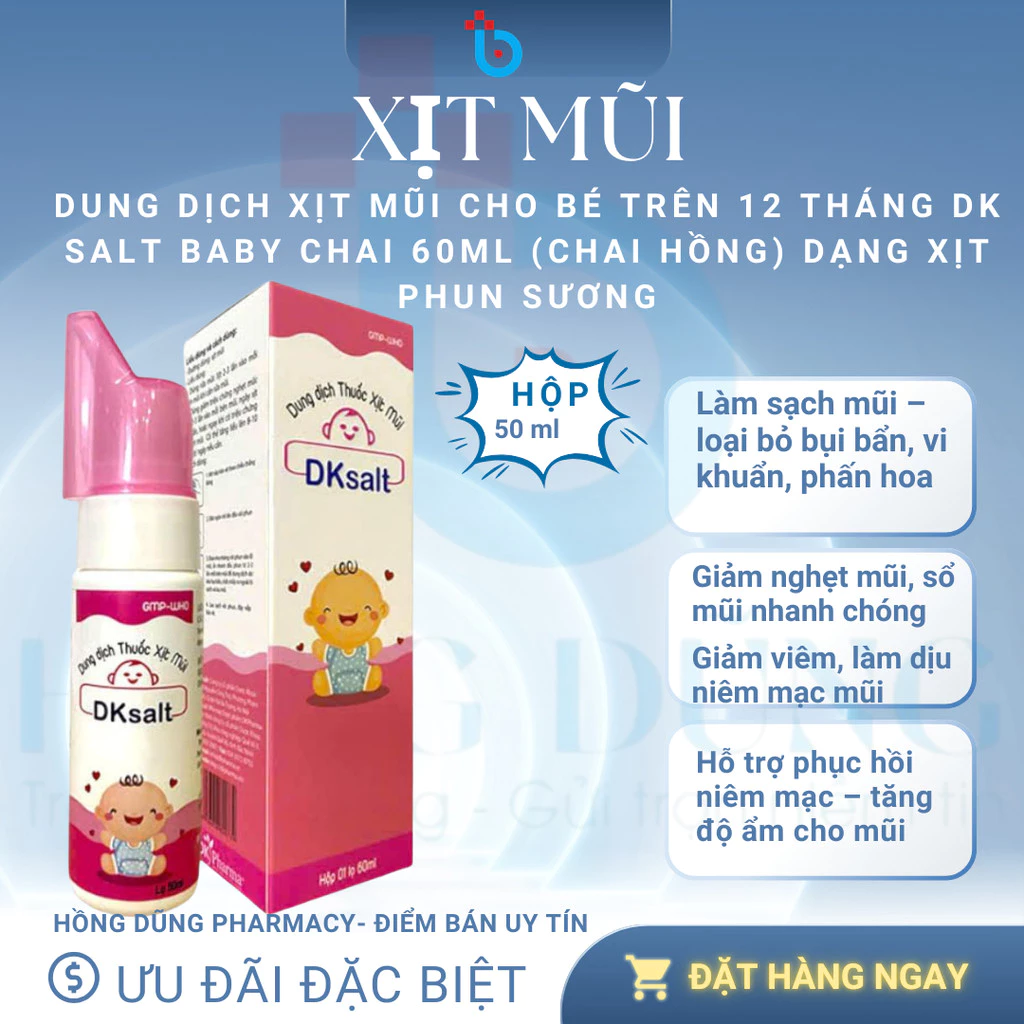 Dung dịch xịt mũi cho bé trên 12 tháng DK Salt baby chai 60ml (chai hồng) Dạng xịt phun sương
