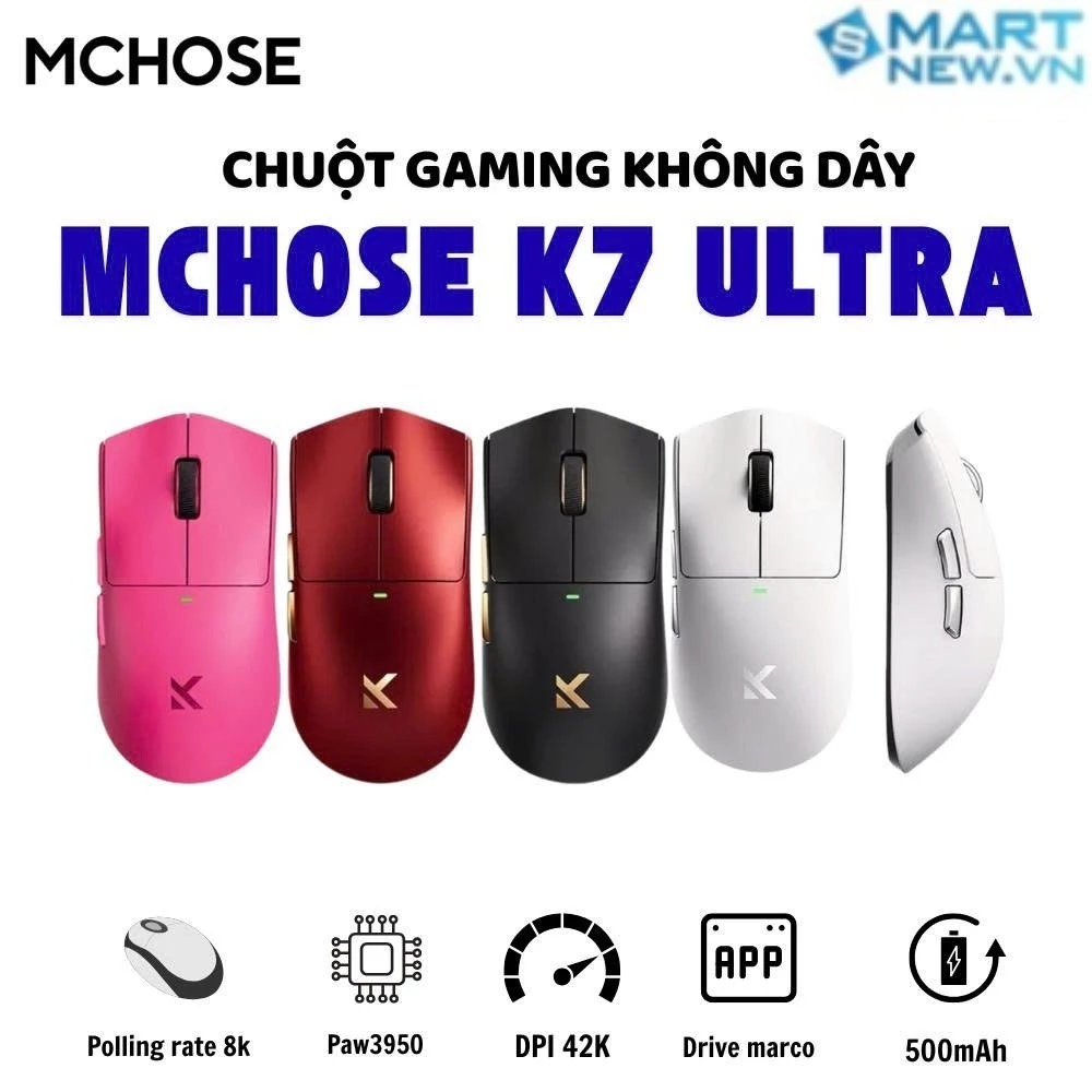 Chuột không dây MCHOSE K7 Ultra - 3 mode - Paw3950 - DPD 42000 - Polling rate 8k - 750 IPS  - APP tùy chỉnh