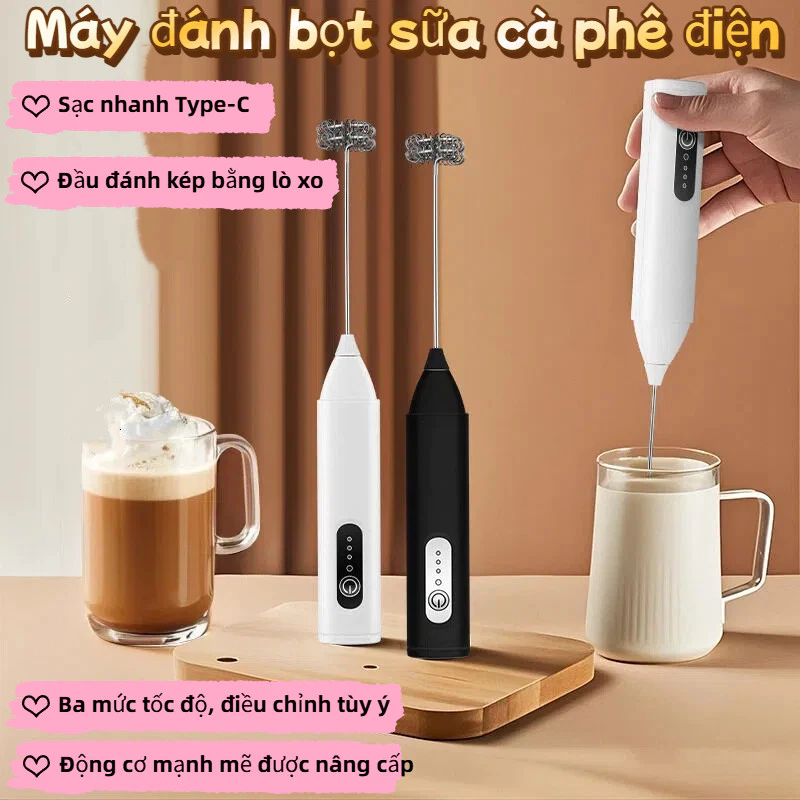 Máy đánh bọt sữa cà phê điện -3 mức tốc độ,đầu đánh kép bằng lò xo,sạc nhanh Type-C,động cơ mạnh mẽ.