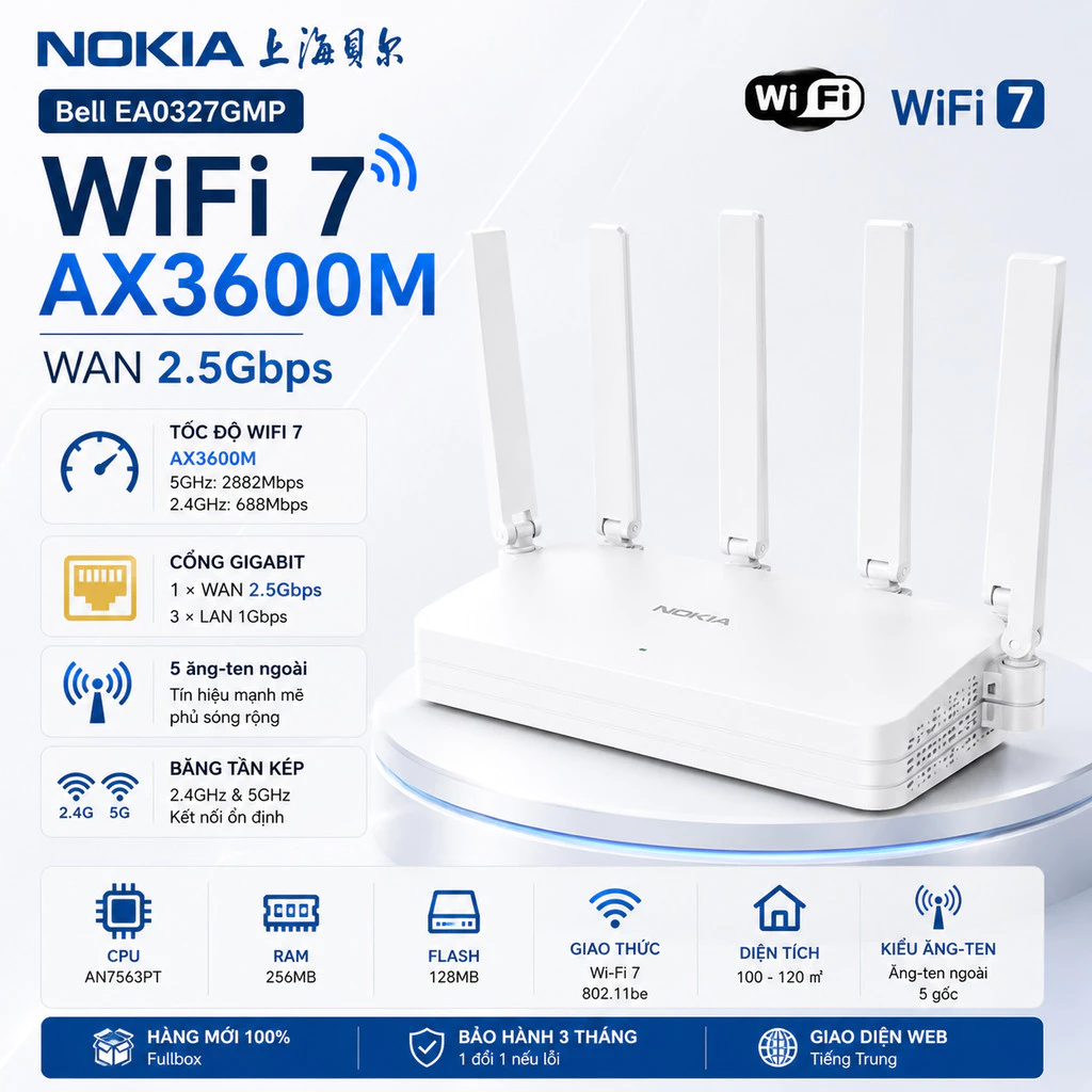 Bộ Định Tuyến Wifi7 Không Dây Nokia Bell Ea0327gmp 3600m Băng Tần Kép 5G Gia Đình Gigabit