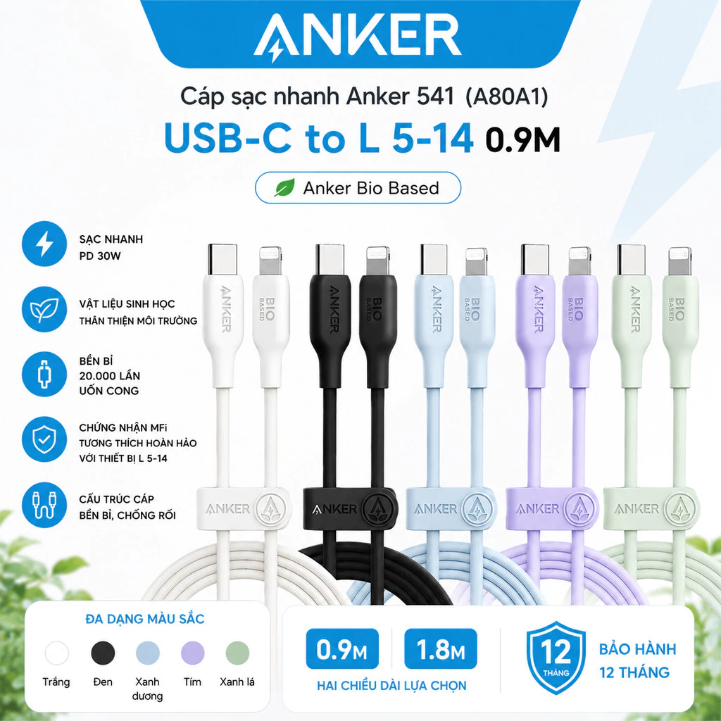 Cáp sạc nhanh Anker 541 A80A1 0.9m Anker Bio Based USB-C to L ,Bảo hành 12 tháng