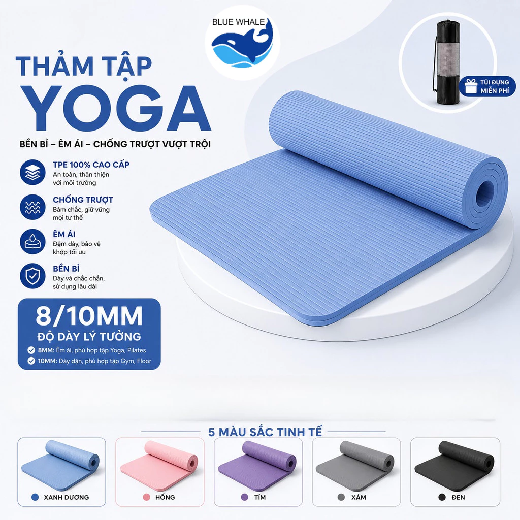 Thảm Yoga Siêu Dày 8/10mm – Mềm Êm, Chống Sốc, Phù Hợp Mọi Bài Tập