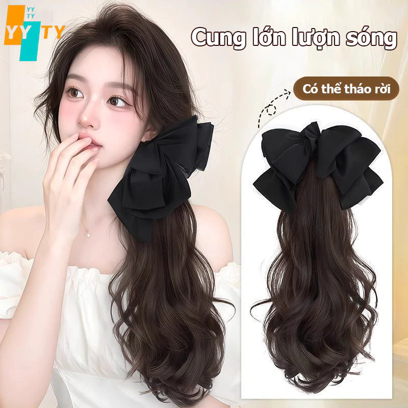 Tóc giả đuôi ngựa dài xoăn bồng bềnh tự nhiên,có kẹp nơ tiện lợi,phù hợp cột cao hoặc thấp,dài 45cm,phụ kiện tóc cho nữ.