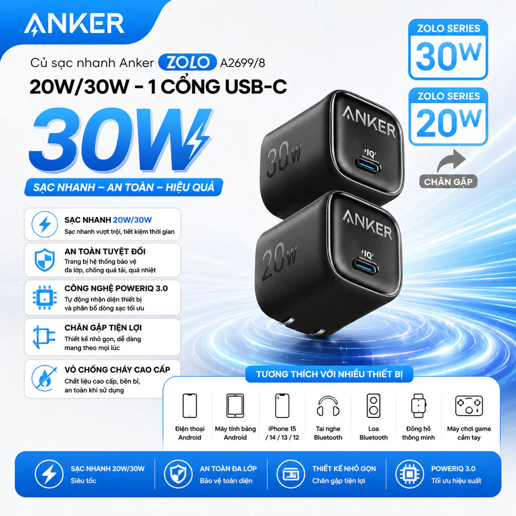 [GIAO HỎA TỐC] Củ sạc nhanh Anker 312 A2678 PD 20W / 33Wchân gập, nhỏ gọn, nhiều màu sắc bảo hành 12 Tháng