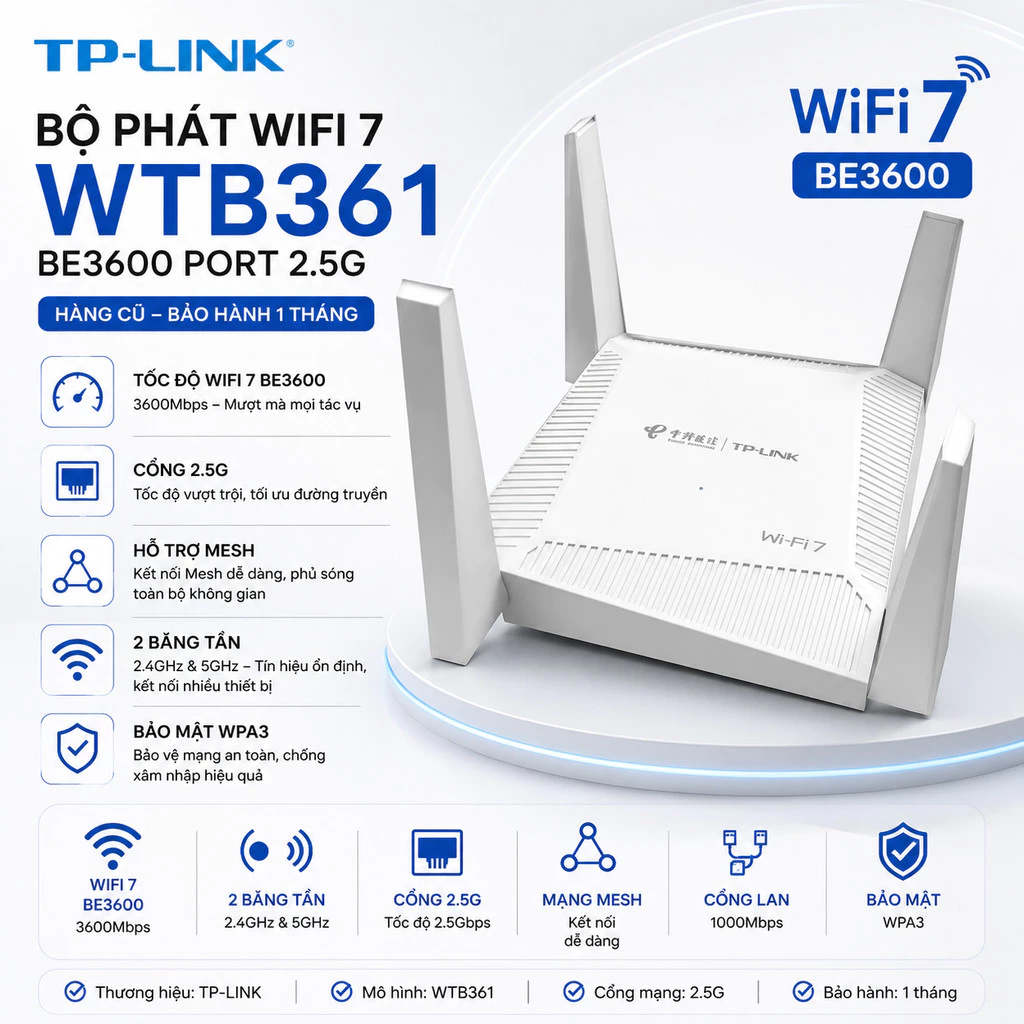 Bộ Phát WIFI 7  TP-LINK Cũ  Wtb361 Port 2.5G Cổng Mạng BE3600 / wifi 6 ax3000 Tp 301 302 181 180 ax1800 hàng cũ