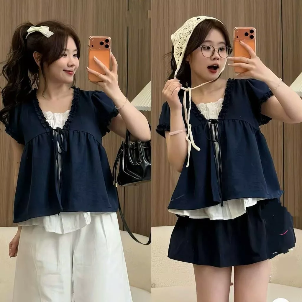 Áo babydoll dễ thương chất đũi hàn tay ngắn phối ren bèo 2 lớp nhiều màu hot trend. HÀNG MỚI VỀ