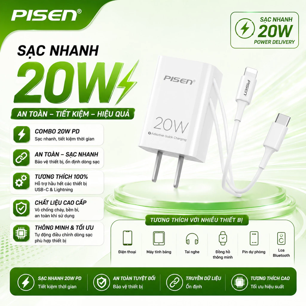 [ PISEN 20W / 30W  ] Combo Sạc + Cáp PISEN Quick PD 20W ( & Type-C 3A ZINC Alloy)  -Có bán lẻ củ và lẻ dây
