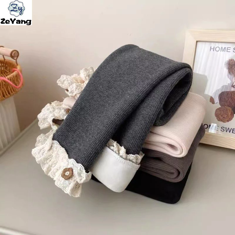 [ZY] 70-130 Hàng có sẵn Quần dài lông cừu cho trẻ em Quần legging dày mùa thu đông cho bé gái Quần ấm áp ren phù hợp thời trang