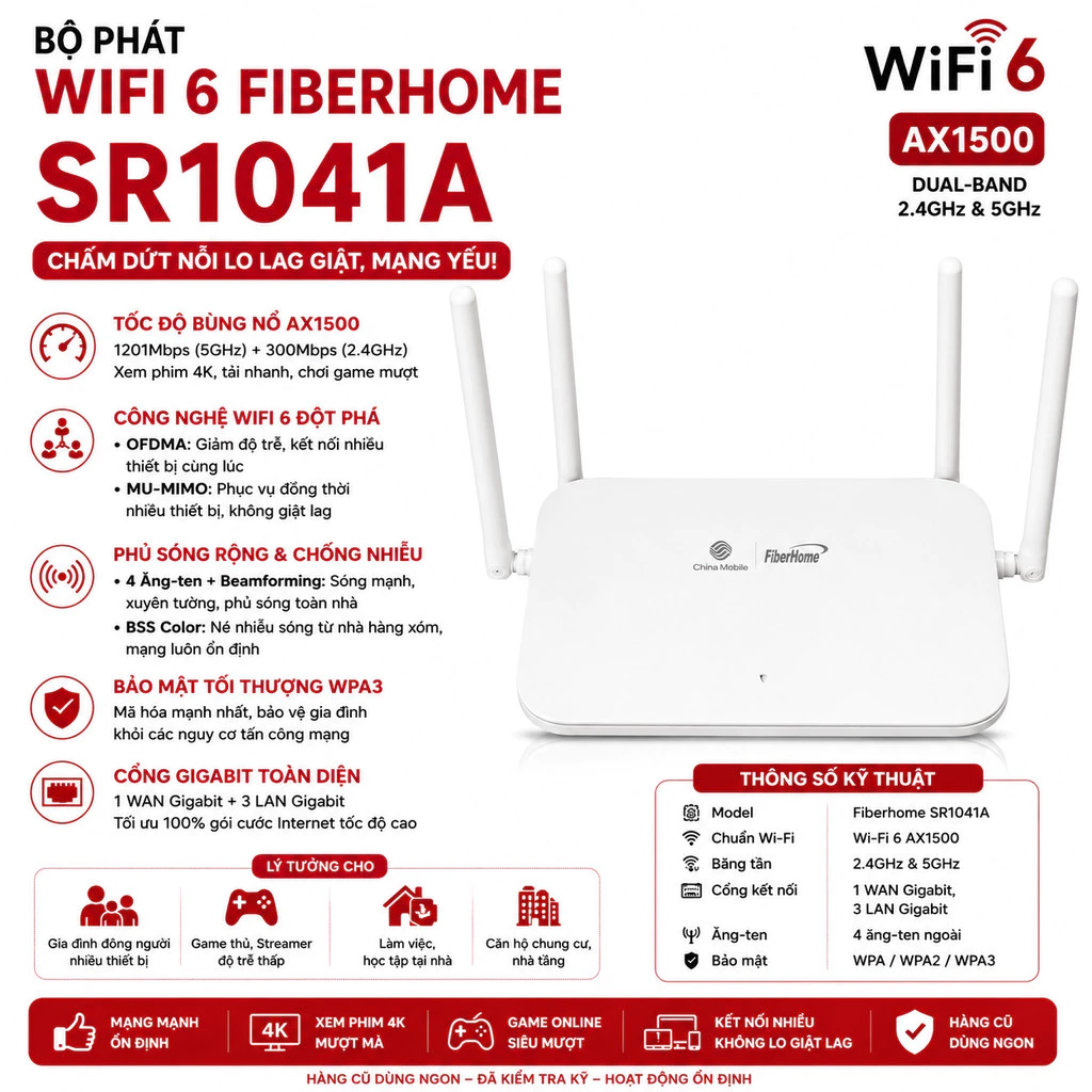 Bộ phát wifi  6 5g băng tần kép 5G Fiberhome SR1041A wifi6 China Mobile đã qua sử dụng