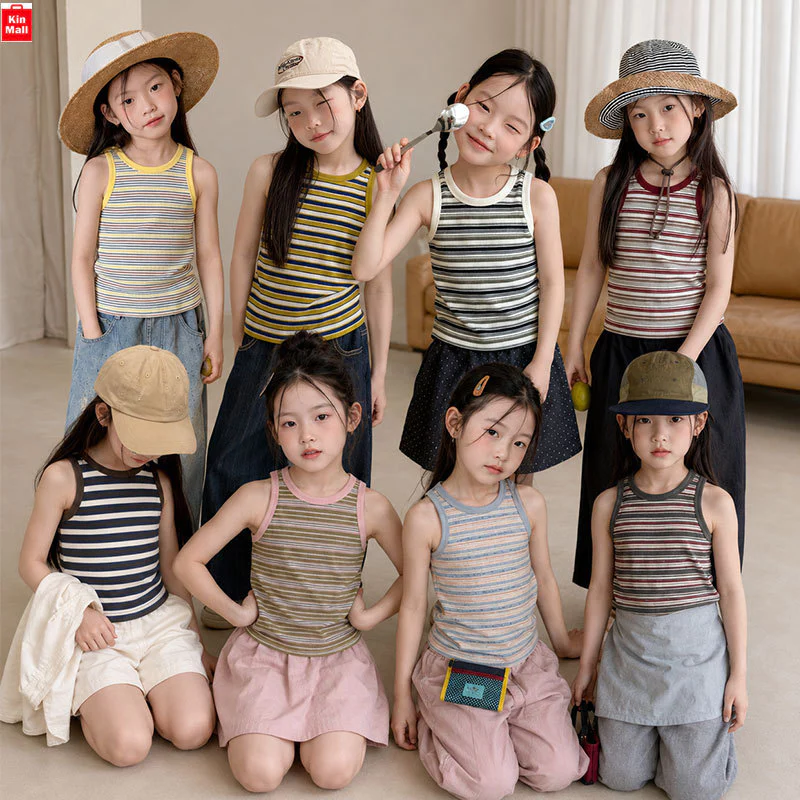NEW 2026 (10-40kg) Áo Sát Nách, Áo Ba Lỗ Kẻ Sọc, Form ôm chất siêu co giãn, Phong cách Hàn Quốc cho Bé Gái hãng AMBBKIDS