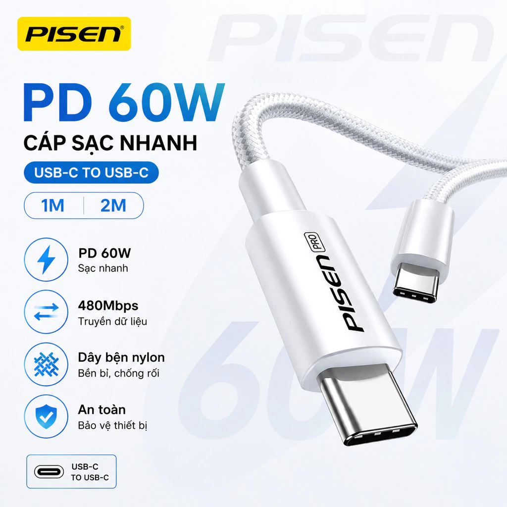 Cáp sạc nhanh PD 60W Pisen LH-CC-PD01 02 Type C to Type C, dài 1M / 2M