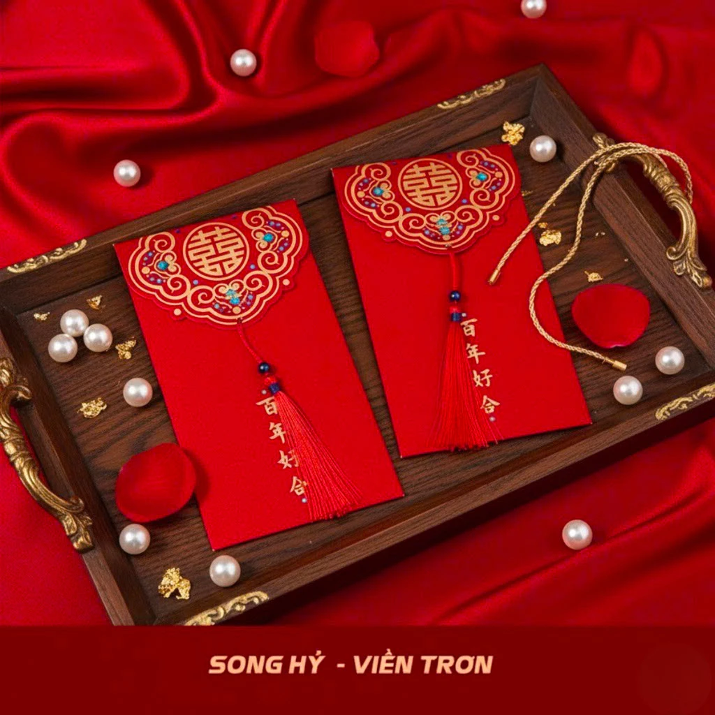 Bao lì xì tết 2026 lì xì song hỷ bê tráp cưới, ép kim vàng sang trọng kèm dây tua rua cao cấp