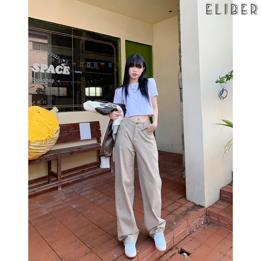 ELIBER- Quần Jean ỐNg RộNg Kaki Mới Quần Dài Rộng Cạp Cao Mùa Xuân Của Phụ Nữ