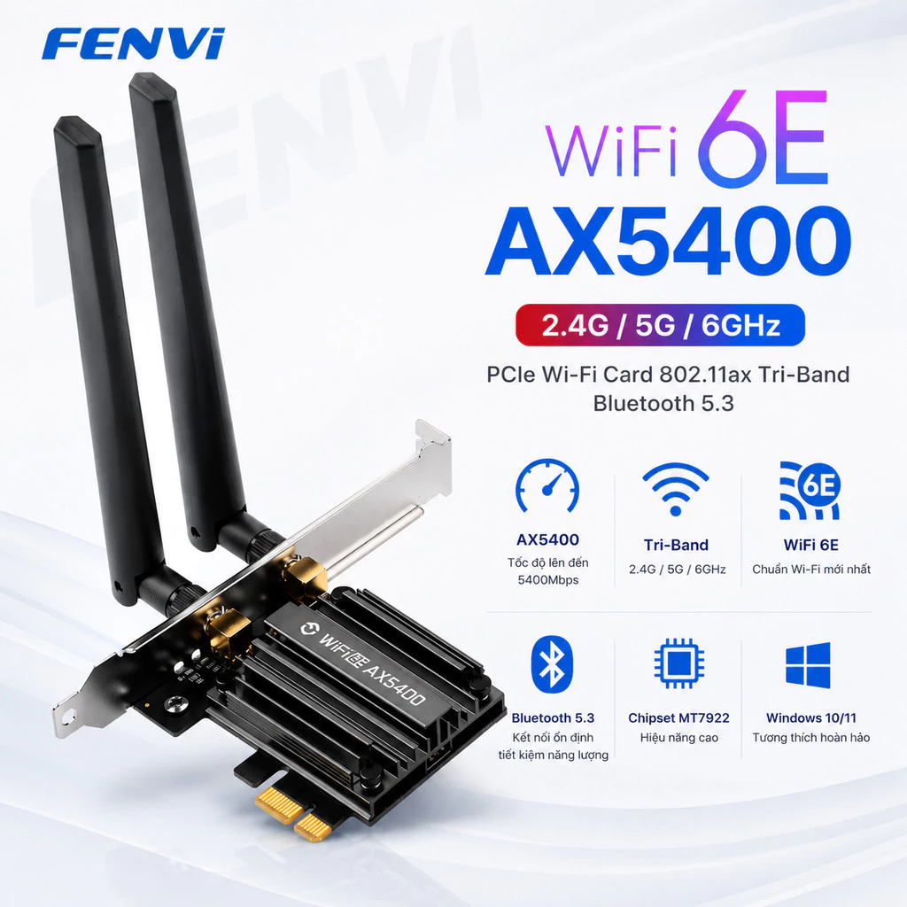 Card Wifi Fenvi WIFI 6  Fenvi Wi-Fi 6E Bluetooth PCIe Card  802.11ax mạng Wifi Tri-Band   802.11ax, 2.4/5/6GHz, BT 5.3
