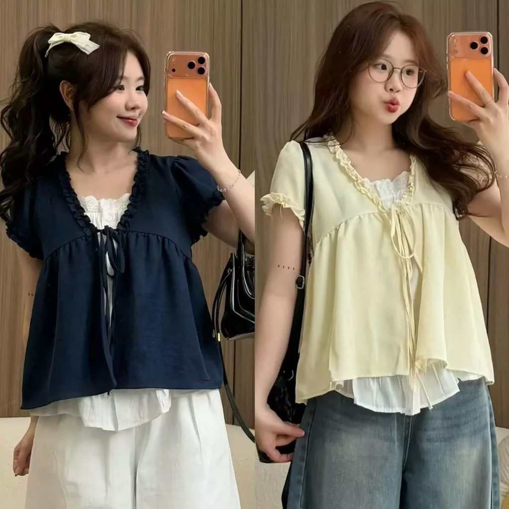 Áo form babydoll dễ thương chất đũi hàn tay ngắn cổ V phối ren bèo 2 lớp nhiều màu hot hit. HÀNG MỚI VỀ