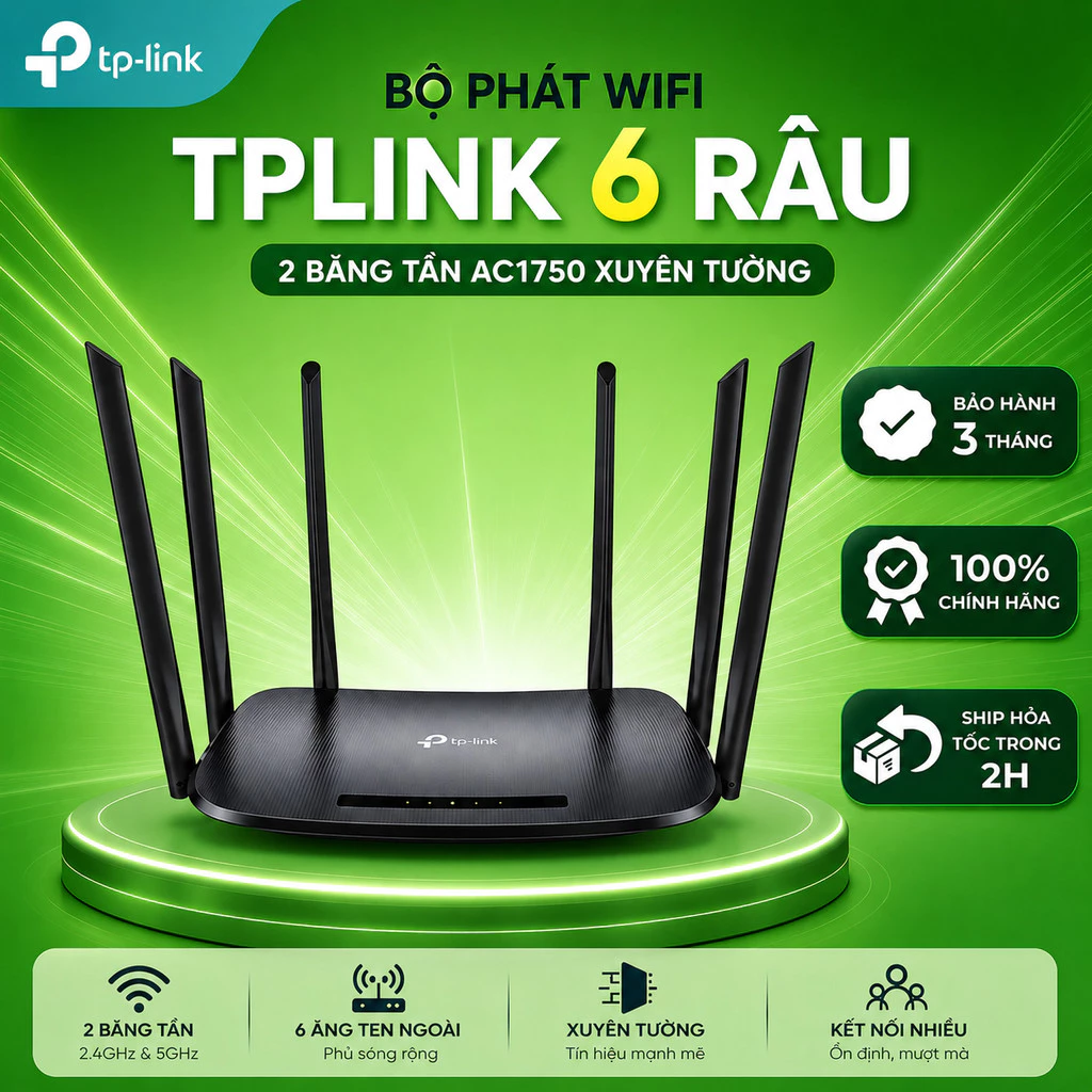 (used ) Bộ Phát WiFi TpLink 6 Râu Xuyên Tường - TPLINK WDR 7300 / 7400 / 7620  Băng Tần Kép  AC1750   ( Hàng cũ )