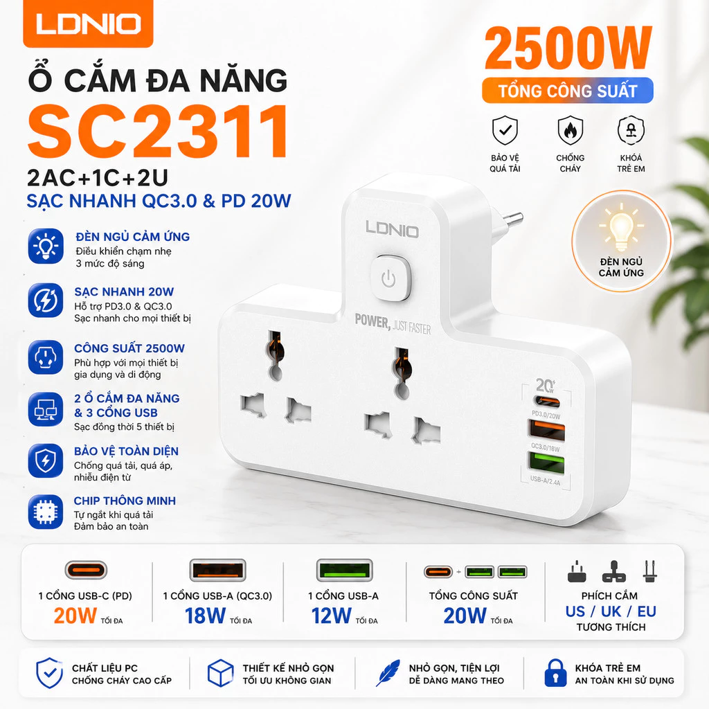 Ổ điện LDNIO 65W 20W 30W  SC5415 Sc1418 Sc18 Sc10610  Sc5319 nhiều cổng 2500w - Sạc nhanh Type C PD3.0 SC2413 SC2311