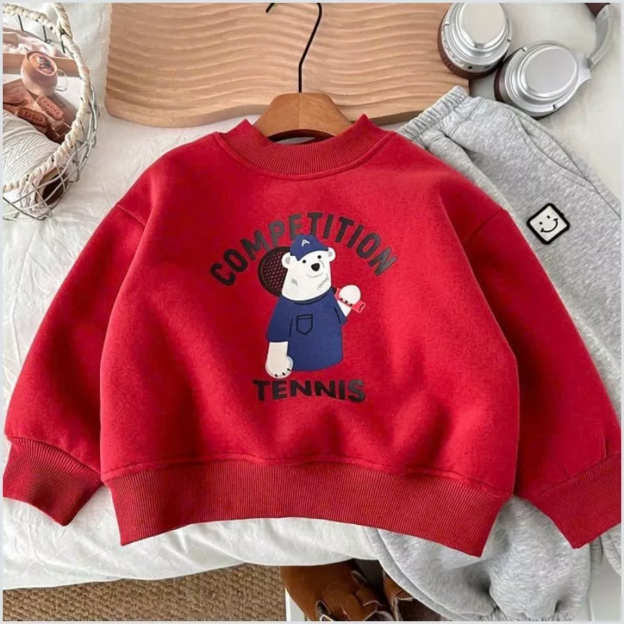 COMIMO BABY (8–21KG) Áo Nỉ Da Cá Cotton Đỏ Cho Bé Trai Bé Gái | Bo Cổ Bo Gấu Đáng Yêu, Áo Thu Đông Cho Bé