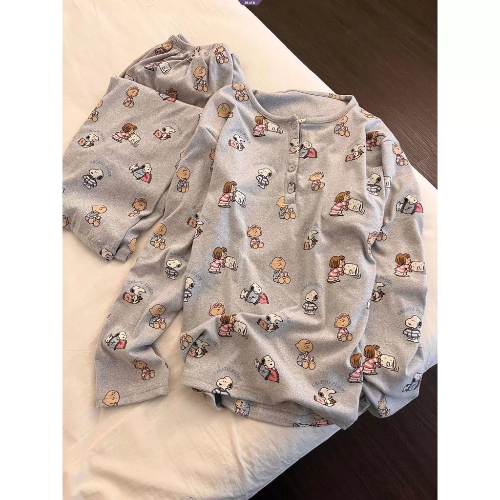 Bộ đồ ngủ dài tay in hình Snoopy, phong cách Hàn Quốc, thoải mái cho mùa xuân và thu