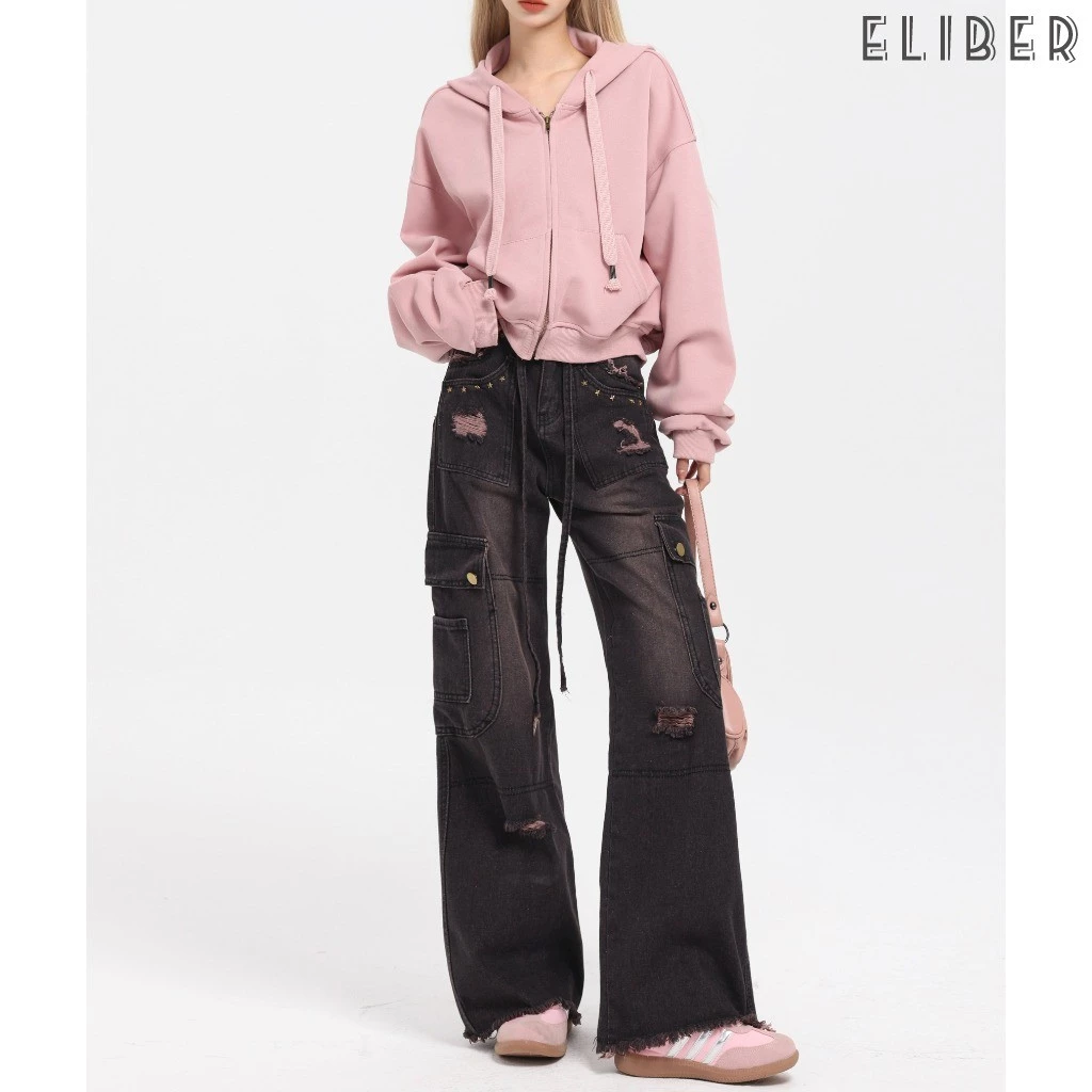 ELIBER- Trang Phục Đi Làm Ống Đứng Giặt Cổ Điển Kiểu Mỹ Quần Jean Nữ Ống Rộng ỐNg RộNg Cạp Cao Nhiều Túi