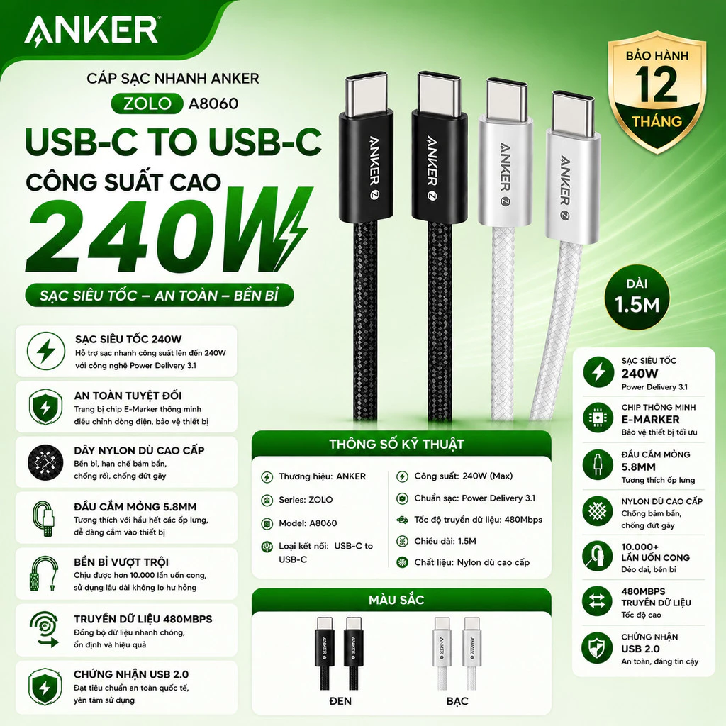 Cáp sạc nhanh ANKER Zolo USB-C to USB-C công suất cao 240W - Chất liệu nylon dù hạn chế bám bẩn đứt gãy - A8060
