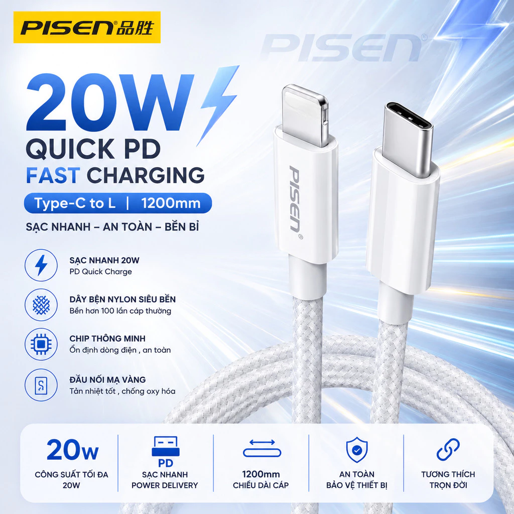 [PISEN 20W 1,2m ] Cáp PISEN QUICK PD20W Type-C to L 1200mm, sạc nhanh, công suất sạc 20W Bện nylon siêu bền - HSHOP
